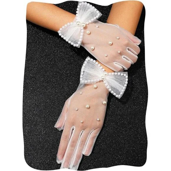 Women's White Pearl Bow Gloves Sheer Tea Party Tulle Mesh Bridal Party Prom