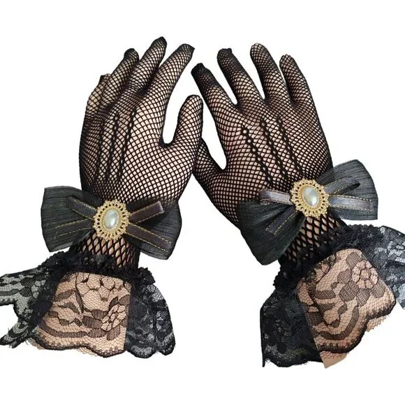 Women's Hand Sleeve Black Bow Lace Gloves Wedding Halloween Costume Party Prom