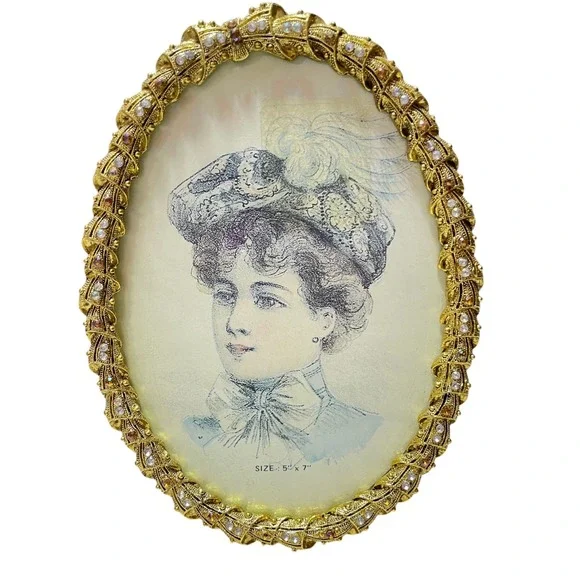Vintage 19th Century Victorian Watercolor Portrait Young Girl Oval Jeweled Frame