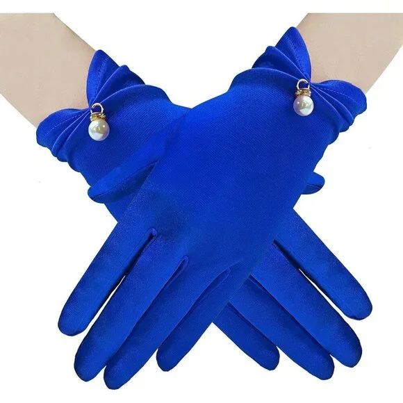 Women's Dark Blue Floral Lace Gloves Elegant Wrist Bridal Wedding Dinner Party