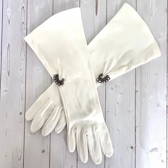 Vintage Mid-Length Fabric Gloves Off-White Embellished Wrist Elvette by Dawnelle