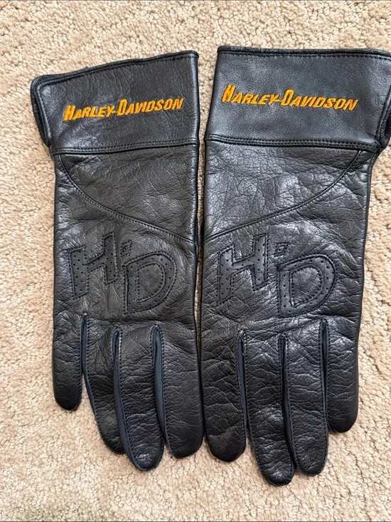 Harley-Davidson Black Leather Riding Gloves with Orange logo