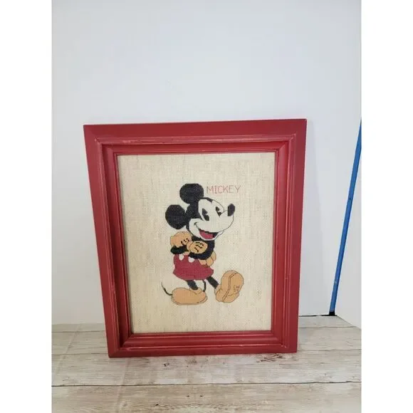 Vintage Mickey Mouse Needlepoint Cross Stitch Finished Framed Art Decor 8