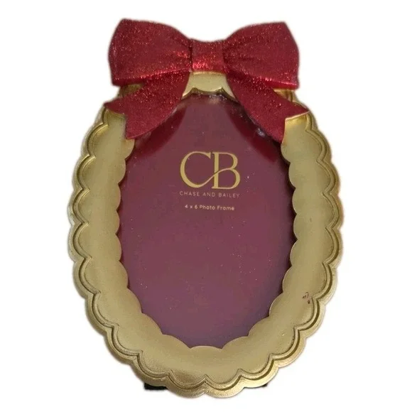 Chase Bailey 4x6 Photo Frame Gold Scalloped Oval Red Bow Cottagecore Nursery