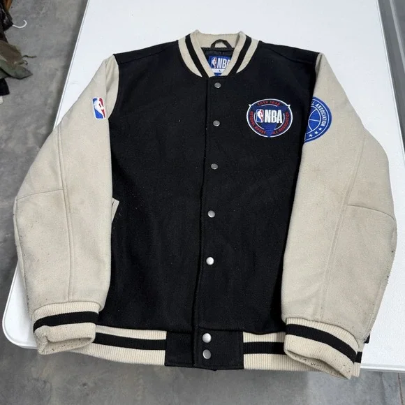 NBA Varsity Jacket Mens Large Black Good Letterman Snap Front Patch
