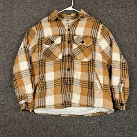 Windfit Sherpa Lined Flannel Shirt Jacket Mens Large Tan Plaid Button Up Shacket