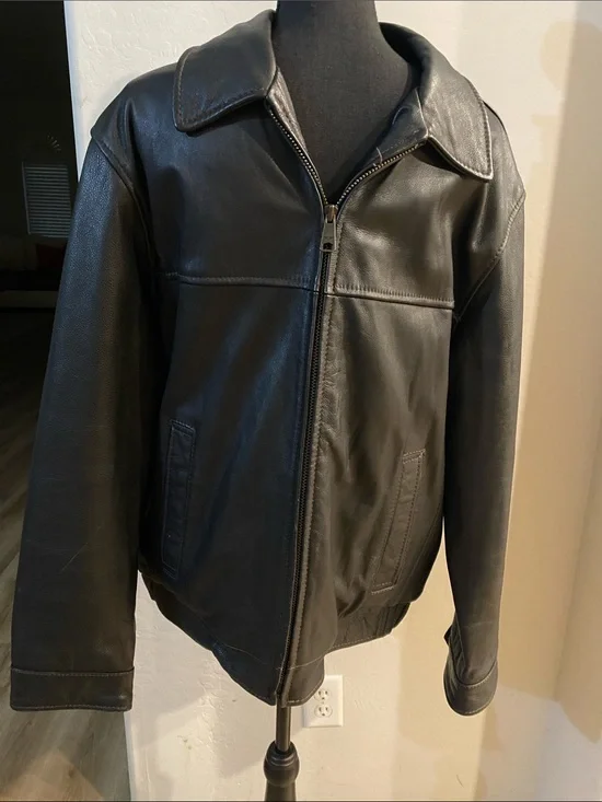 Dockers Black Leather Zip-Front Bomber Jacket