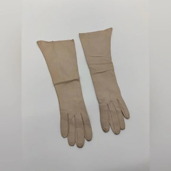 Vintage 1950s Kid Leather Opera Gloves Beige Tan Size 6 Soft Supple Long Gloves