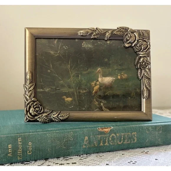 Vintage Pewter Rose Floral Picture Frame with Duck Pond Art Print 5x7 4x6