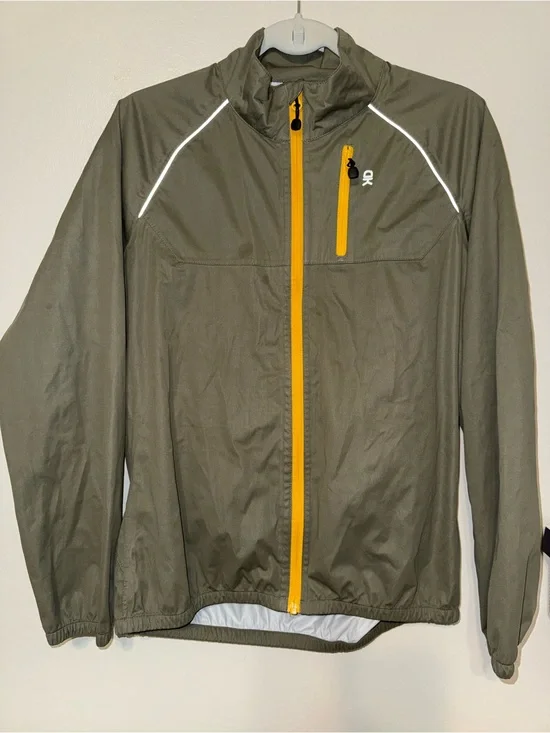 Athletic Olive Green Lightweight Windbreaker Jacket with Yellow Zipper
