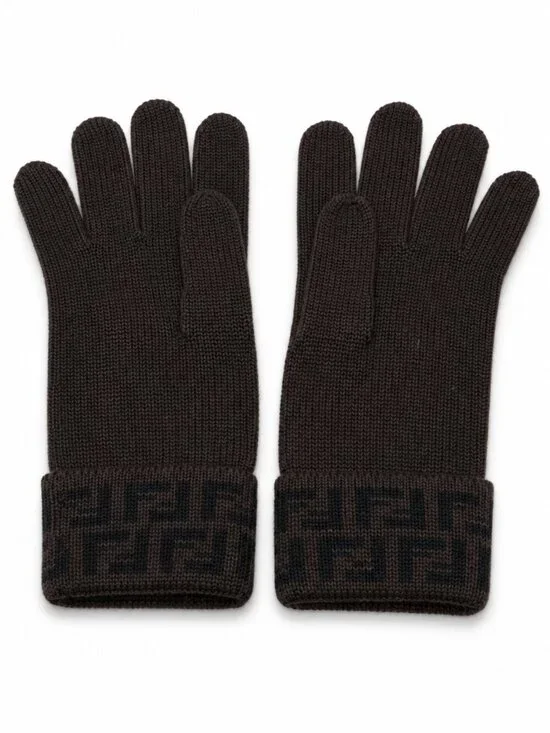 Fendi FF Monogram Knit Gloves Brown Black Logo Winter Designer Made in Italy