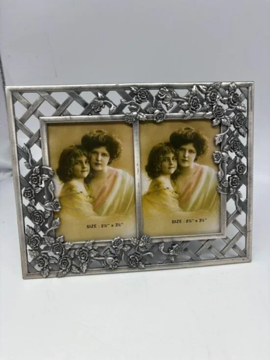 Double PICTURE FRAME Metal Silvertone 2 2.5x3.5” Photos - Roses and Trellis