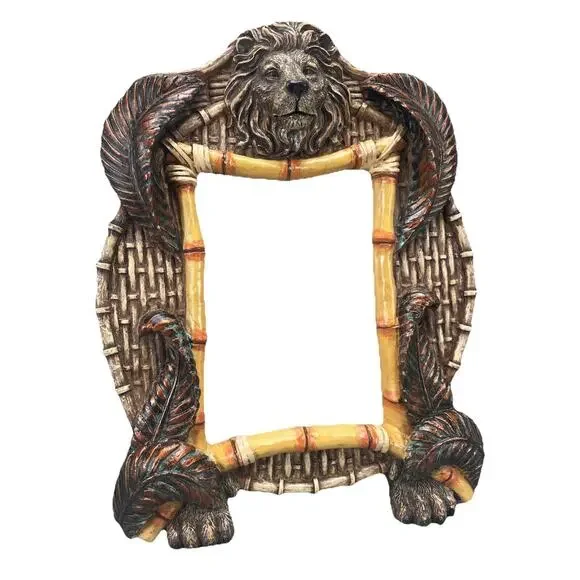 VTG Faux Bamboo Picture Frame Lion Head & Tropical Leaves 3 X 4 Photo Tabletop