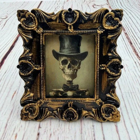 Gothic Skeleton Gentleman Art Print in Ornate Black and Gold Resin Frame 4x5