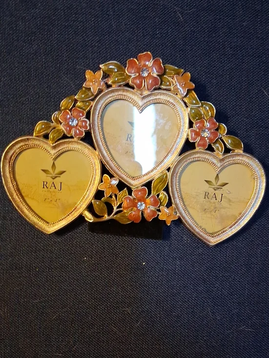 Vintage 1990's Raj Gold Heart Floral 3 Picture Frame with Pink and Green Accents