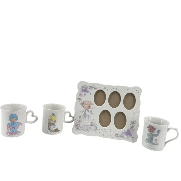 Precious Moments Frame‎ and Mugs Set Unisex OS White Pastel Vintage 90s Ceramic