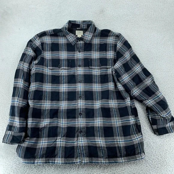 L.L. Bean Fleece Lined Flannel‎ Shirt Jacket XL Traditional Fit Blue Gray Plaid