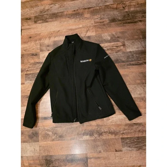 Eddie Bauer Mens Black Softshell Jacket Marvin Logo Full Zip Fleece Lined Small