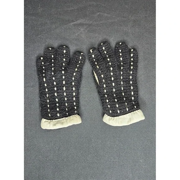 Vintage 60s Black Knit Gloves White Leather Trim Winter Driving Gloves