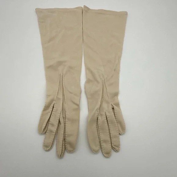Vintage Van Raalte Ivory Cotton Jersey Dress Gloves Mid Forearm 1950s 13