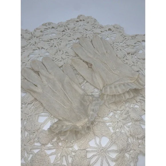 Vintage 1950s Ivory Mesh Crochet Gloves Sheer Ruffle Cuffs Tea Party Church