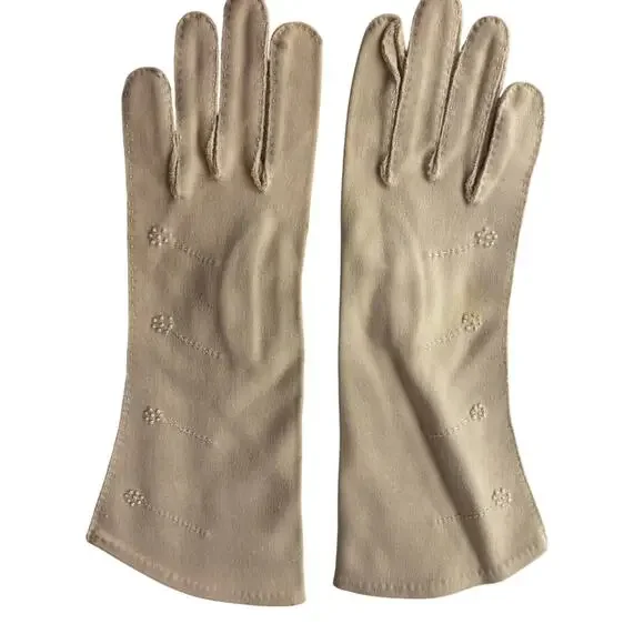 Dawnelle Vintage Ladies 6 Gloves 100% Double Woven Cotton Mid Length Fawn READ