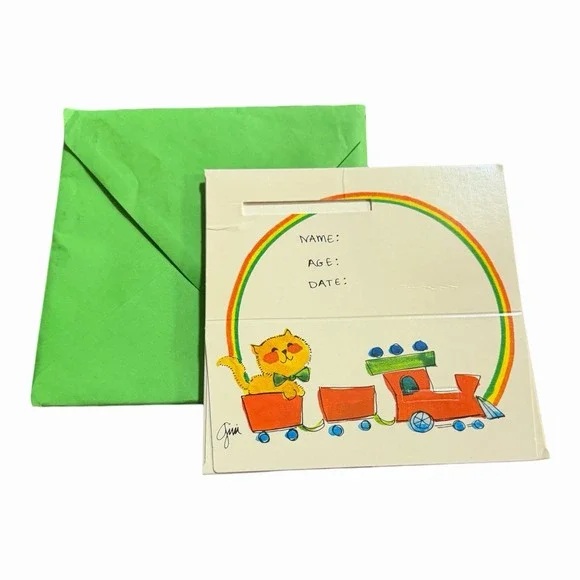 Vintage Picture Frame‎ Card with Train and Cat Design
