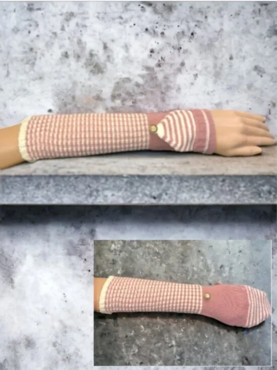MANTARAY -- Mitten/Gloves, Pink & White Stripe Elbow Length 