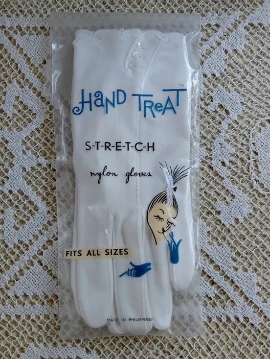 Deadstock Vintage Hand Treat Stretch Nylon Gloves — White. One Size Fits Most
