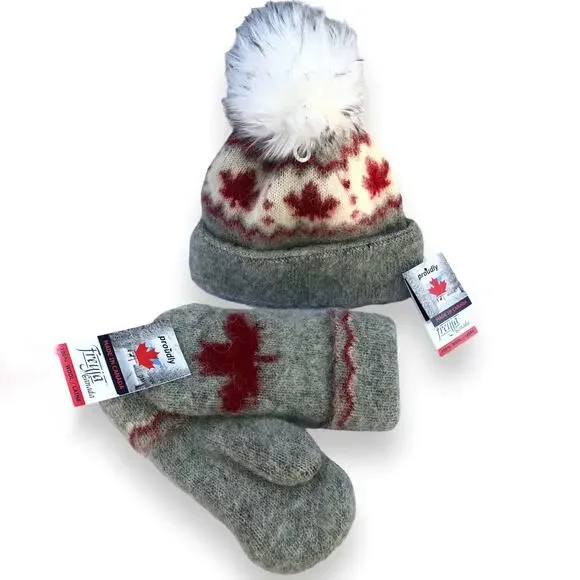 Freya Icelandic Wool Winter Set Hat Mitten Canada Maple Leafs Pom Lined NEW