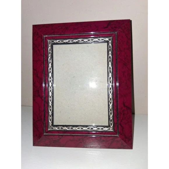 Vintage Red Marbled Picture Frame 3x4.5 Silver Tone Inner Trim Decorative Deskto