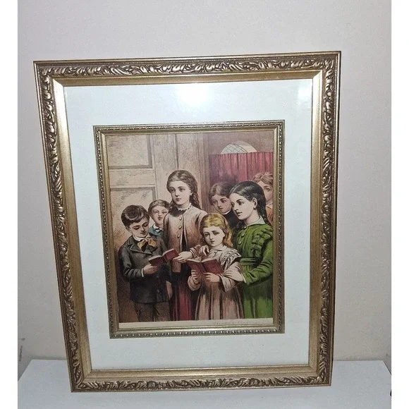 Vintage Framed 1870 Chromo Lithograph Children Reading Print Gold Tone Frame