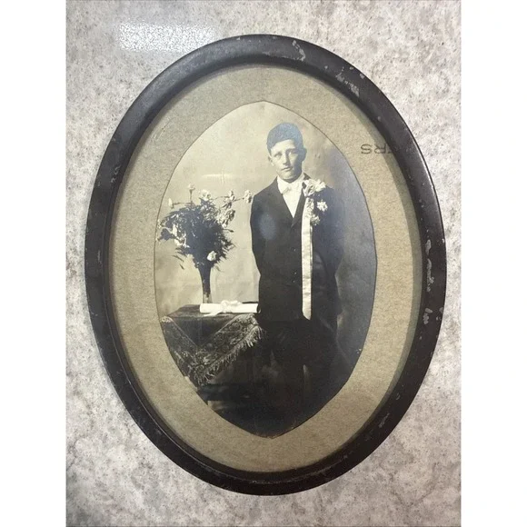 Antique Oval Sepia Picture Post Card Metal Frame Boy Man Suit Long Boutonnière