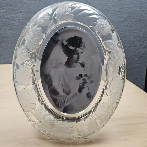 Vtg Crystal Clear Signatures Oval 5x7 Picture Frame Frosted Chrysanthemum Glass