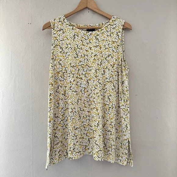J Jill Wearever Collection Floral Sleeveless Top Size L Yellow Garden Cottage
