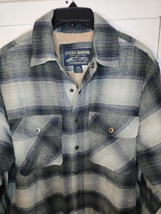 Grizzly Mountain Men M Sherpa Lined Flannel Shirt Jacket Green Plaid Shacket