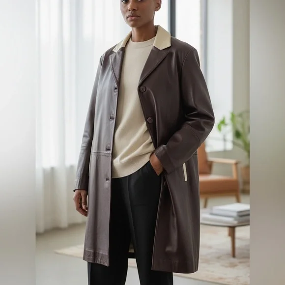 Stacy Adams Men’s Dark Brown Leather Car Coat With Ivory Trim Size Large Vintage