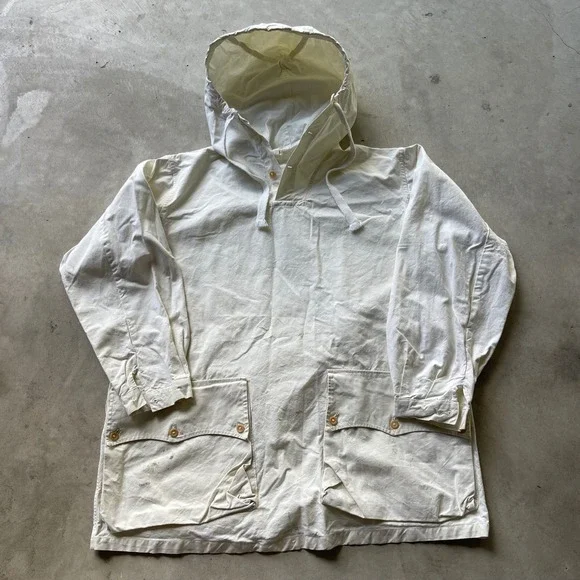 Vintage WW2 Swedish Military Smock White Cotton Canvas Anorak Hooded Jacket F11