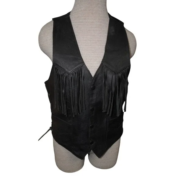 Vintage Black Leather Fringe Biker Vest Men’s M/L — Western Motorcycle Side Lace