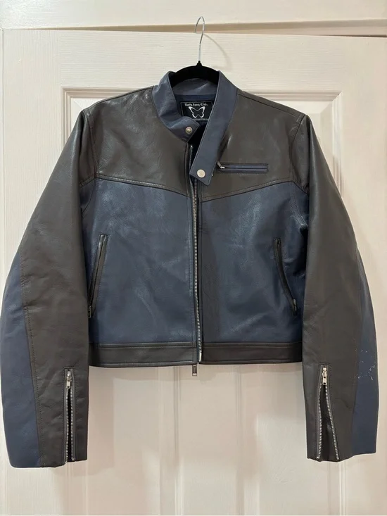 Two-Tone Navy & Grey Leather Jacket - Men