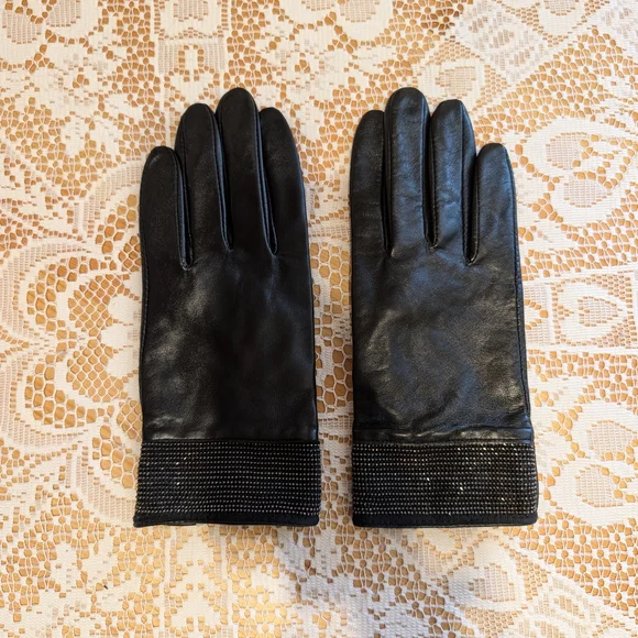 Lauren Ralph Lauren Green Label Black Leather Rhinestone Gloves