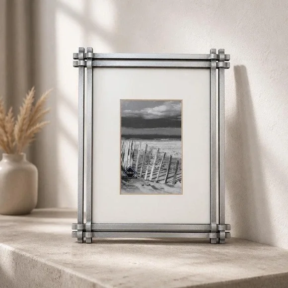 Metal Picture Frame FETCO Pewter Tone Cross Stitch Weave Corners 3 1/2 x 5 Photo