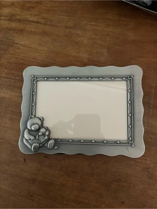 Burnes Of Boston Brushed Silver Picture Frame Teddy Bears & Book Reading FLAWS