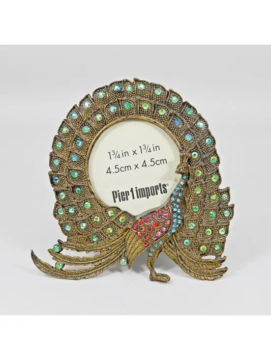 Pier 1 Jeweled Peacock Picture Photo Frame Mini Oval Rhinestone 1.75