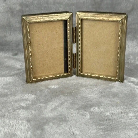 Vintage Brass Double Picture Frame Folding Hinged Filigree Miniature Gold Tone