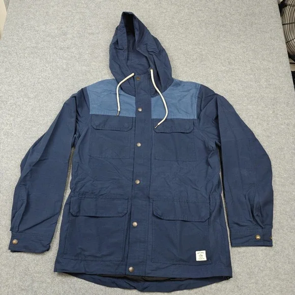 Roots Jacket Mens Medium Blue Canvas Hooded Full Zip Anorak Lined Pockets