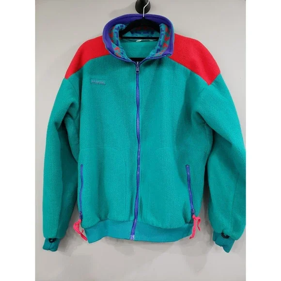 Vintage Columbia Jacket Mens Large Blue Teal Fleece Aztec Collar Retro USA 90s