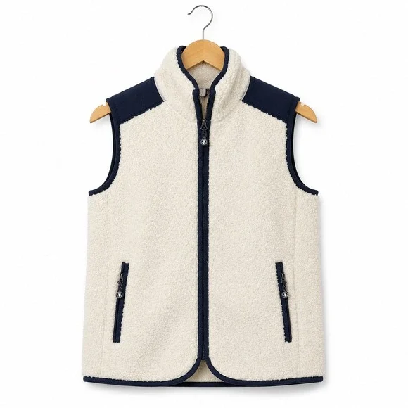 Brooks Brothers Mens Sherpa Fleece Vest Cream Navy Blue Full Zip Size Medium