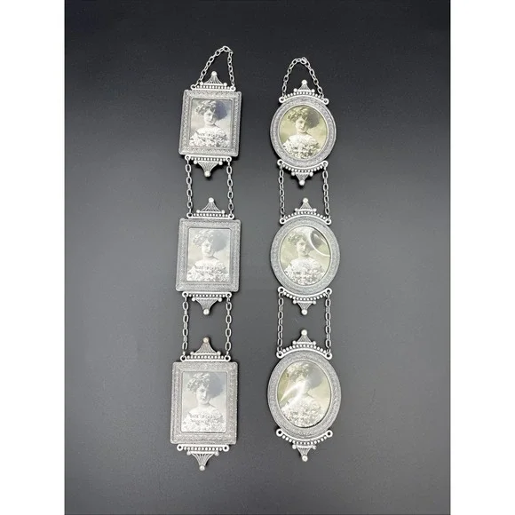Vintage Enesco Silver Tone Hanging Chain 3-Tier Photo Frames - Pair