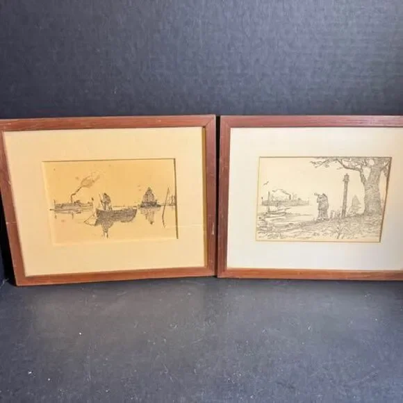 Pair of Vintage Nautical Ink Etchings in Wood Frames [Art 444]